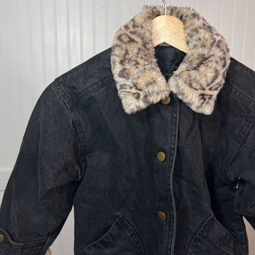 Vtg 90s Denim Jacket Girls Glam Black Faux Leopard Fur KC Collections Size L - Picture 4 of 12